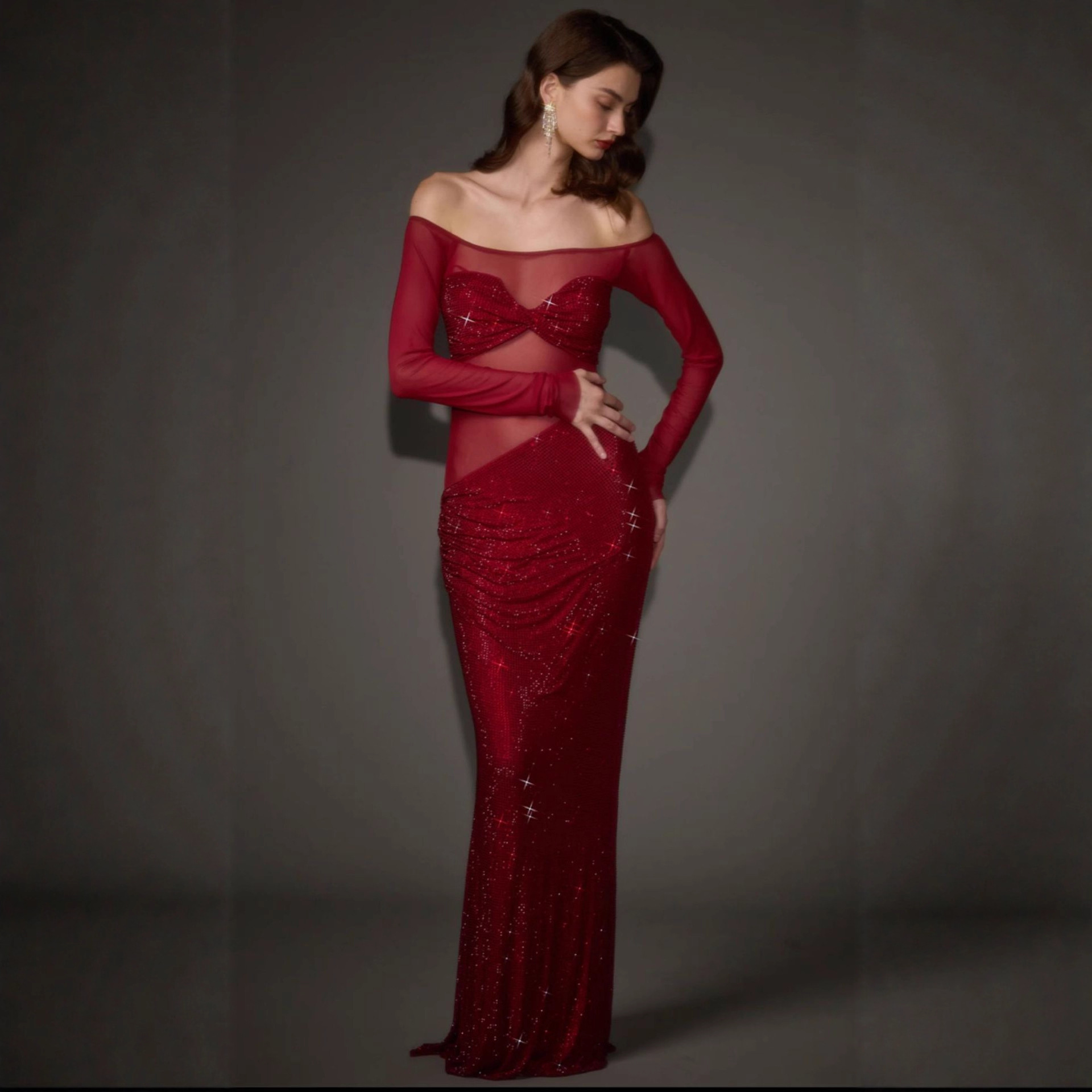 Luxurious and Sexy Off-Shoulder Long Sleeve Rhinestone Mesh Sheer Bodycon Dress for Women