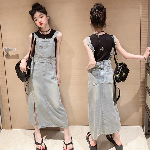 Girls denim suspender skirt summer long 2024 new Korean version loose high waist college style retro slit long skirt
