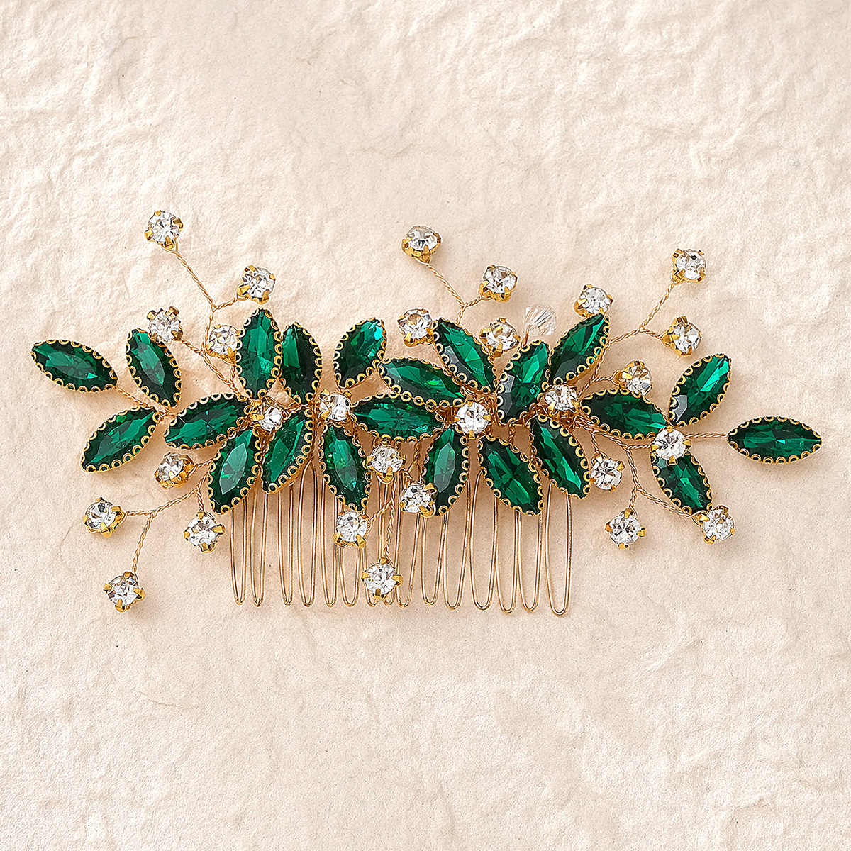 Peine de inserción de diamantes de imitación de aleación retro transfronteriza hoja hecha a mano tocado de cristal verde estilo antiguo Hanfu joyería peine para el cabello nupcial