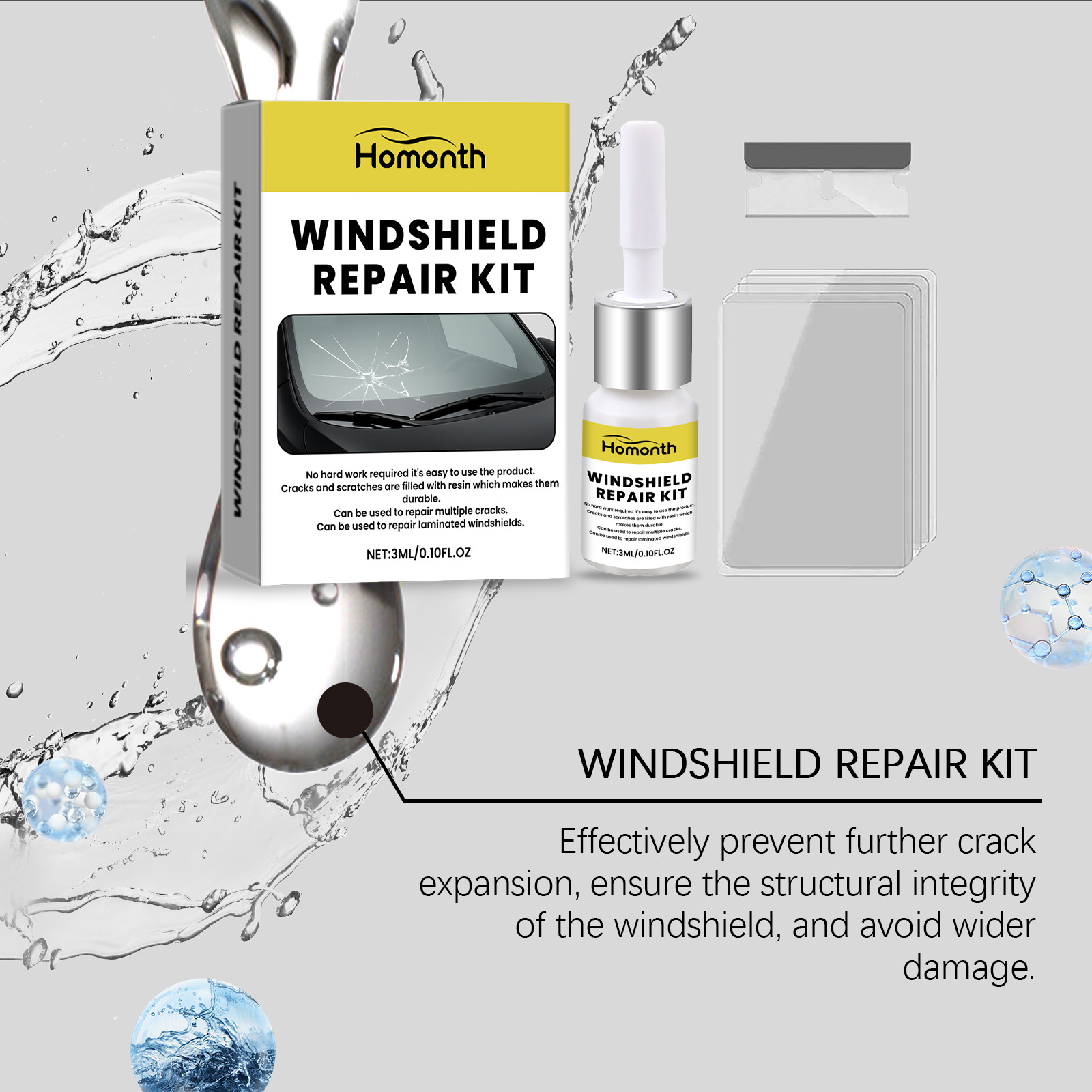 Homonth Car Windshield Care Three-Piece Set Crack Repair Cleaning Renovation Maintenance Protection Kit