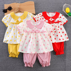哆叮豆工廠直供夏季2024新款女寶寶童裝夏款女童滿印小愛心短袖套