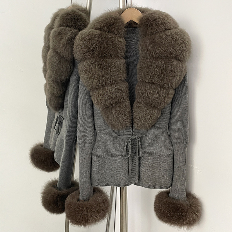 European and American Cross-Border Aliexpress Hot-Selling Autumn and Winter Women's Knitted Cardigan Fur Coat with Natural Fox Fur Collar European and American Cross-Border Aliexpress Hot-Selling Autumn and Winter Women's Knitted Cardigan Fur Coat with Natural Fox Fur Collar