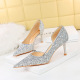 8829-A3 style sexy nightclub slim tie heel high heel shallow mouth pointed side cut-out shiny sequin shoes