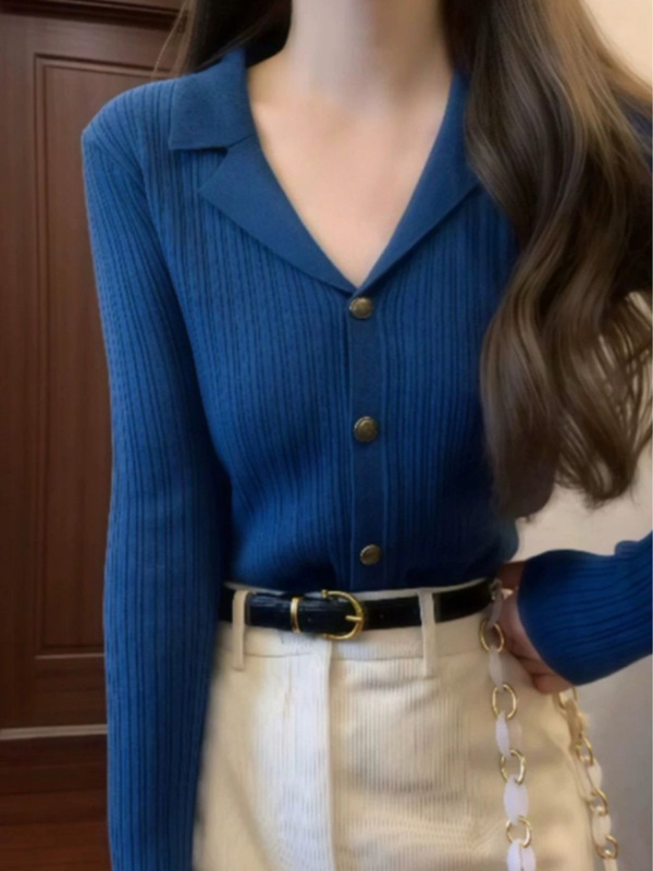 蓝色翻领针织开衫外套女早秋季收腰内搭软糯毛衣短款独特绝美上衣|undefined