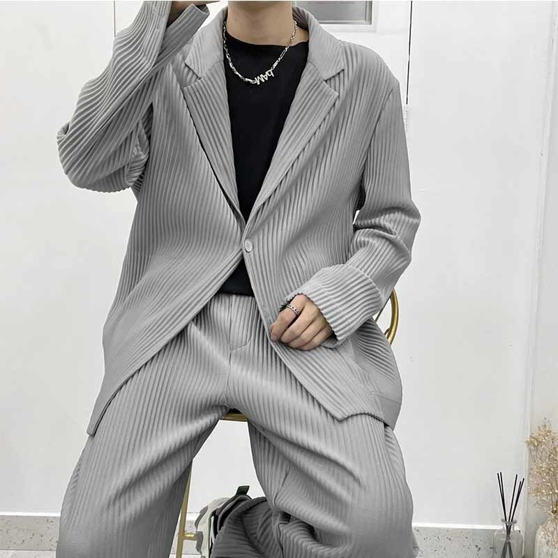 Pleated Suit suit Men's Spring and Autumn Ruffian Handsome Loose Fashion Brand Casual Yuppie Suit Simple Draped Two-piece Suit