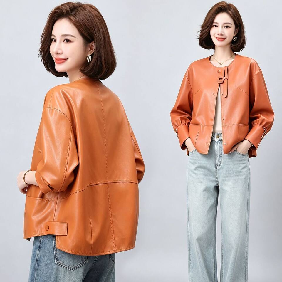 Áo khoác da nữ dáng ngắn ôm vừa, cổ lập, tay dài, phong cách thanh lịch — Cam Hermès, đen chi tiết 12