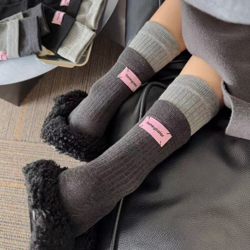 爆款后跟布标女网红中筒袜潮流百搭堆堆袜女春秋韩版双层拼色袜子|undefined