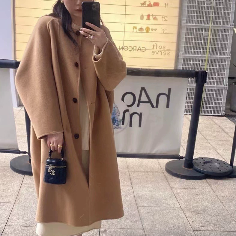 Женское двухстороннее шерстяное пальто средней длины с рукавом реглан, силуэт, Осень-зима, шерстяное пальто средней длины