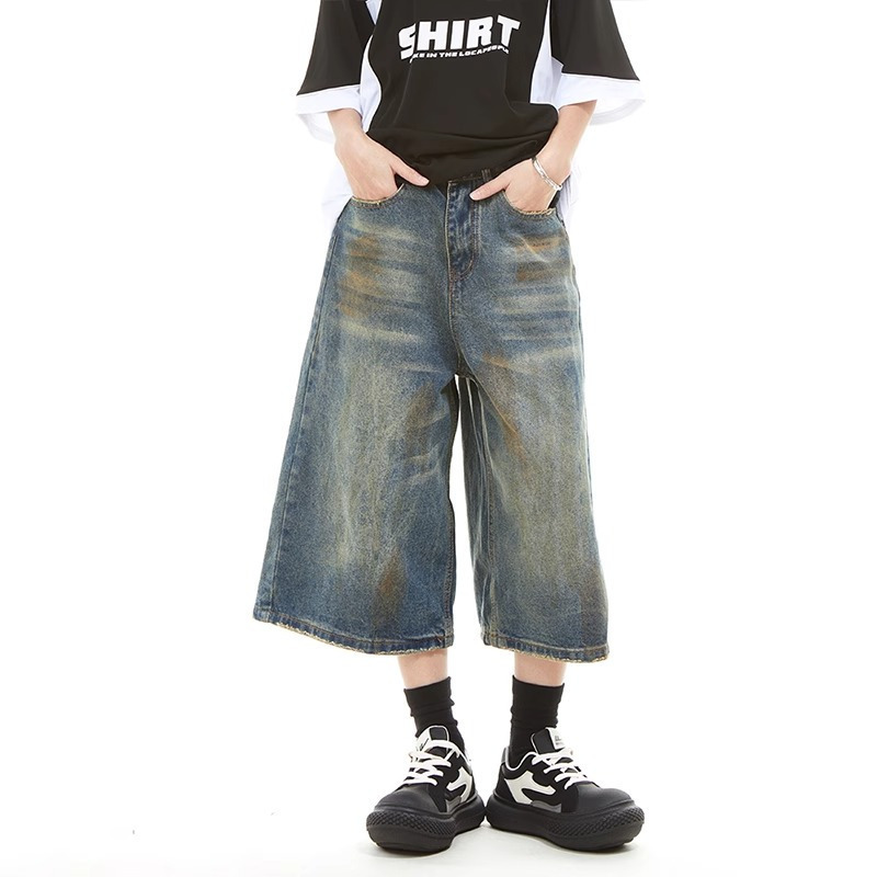 Korean Version 2025 Summer Casual High-Quality Women's Cropped Pants High Street Design Wide-Leg Casual Mid-Length Trendy Denim