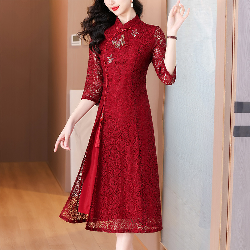 xxnz6607新中式喜婆婆婚宴装礼服裙2025夏季重工蕾丝酒红色连衣裙|undefined