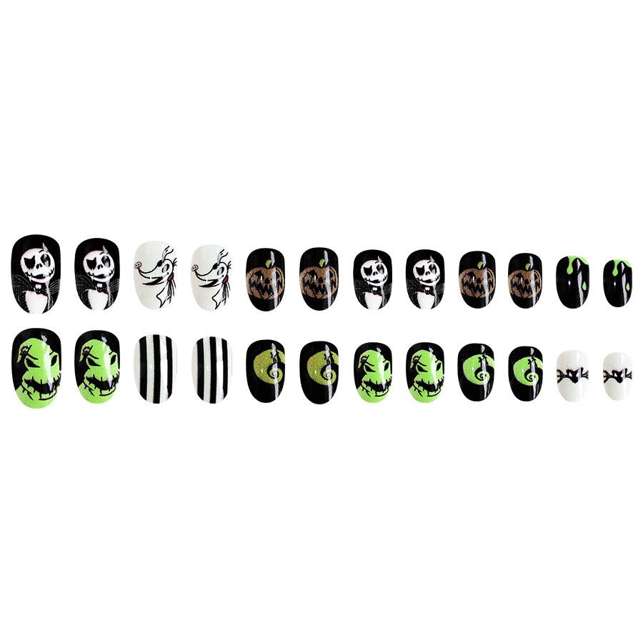 Halloween corto ovale thriller teschio pipistrello faccia strana strisce bianche e nere indossa nail art patch commercio estero 24 pezzi_voghion.com