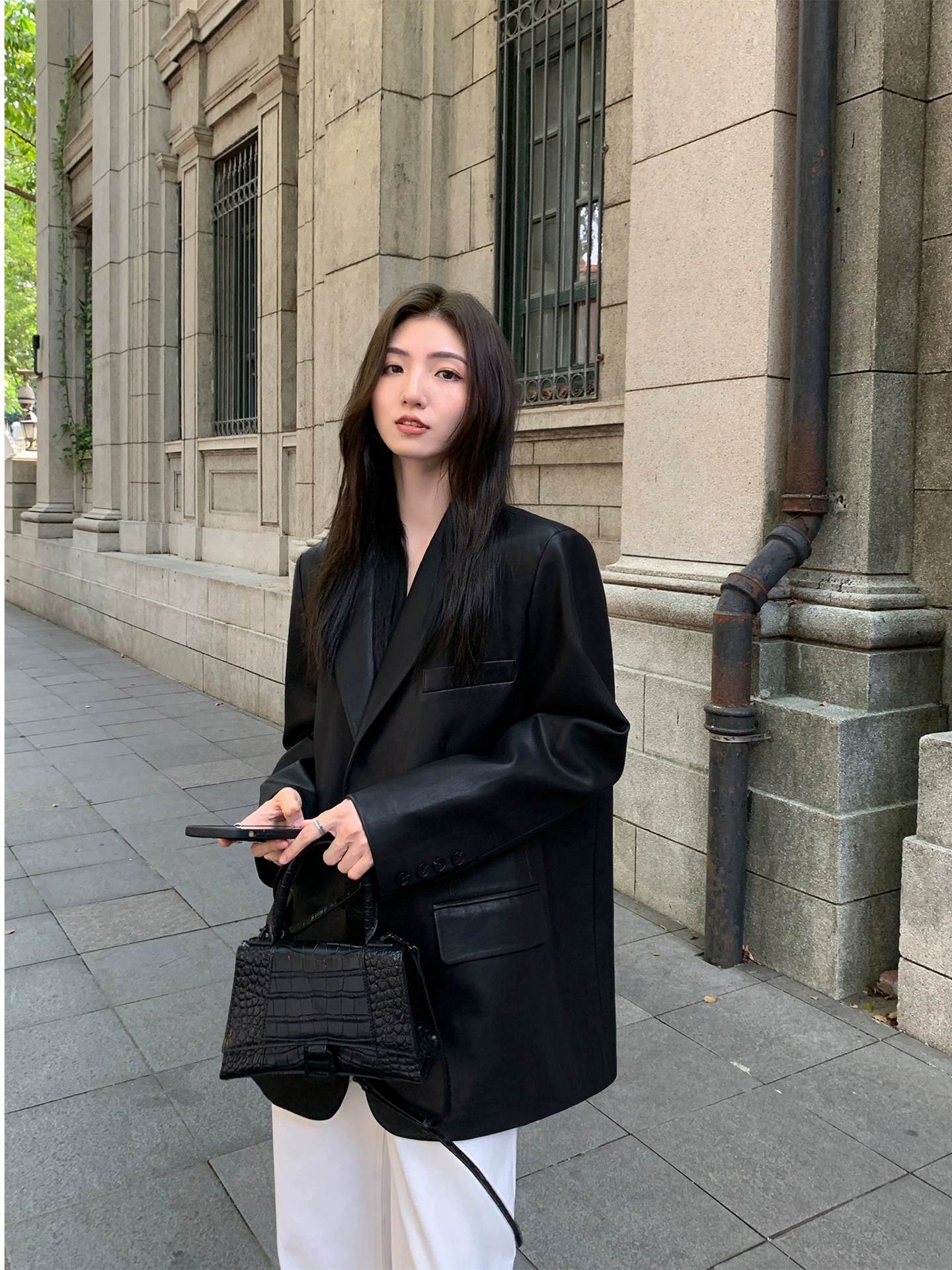 Black polyurethane autumn small classic suit jacket, oversize, bright catchy style