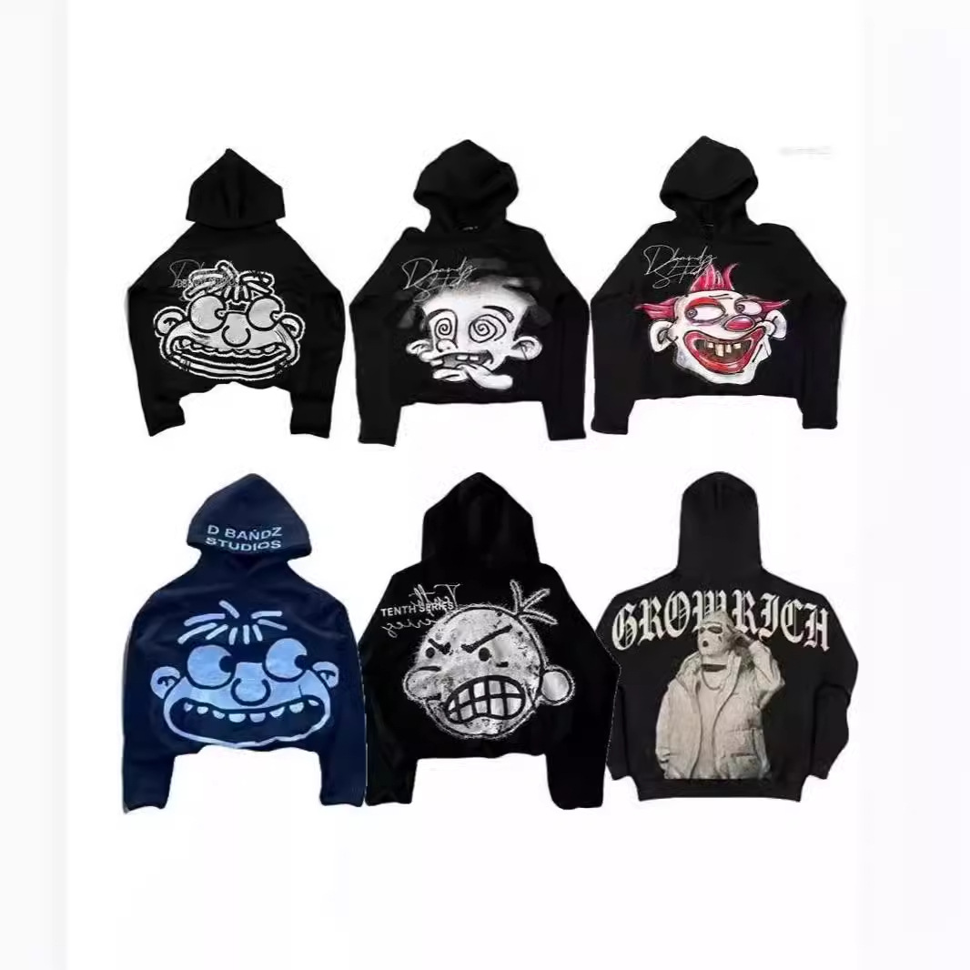 유럽과 미국의 트렌디 브랜드 레트로 스트리트 힙합 프린트 후드티 남성용 패션 캐주얼 다용도 스포츠 풀오버