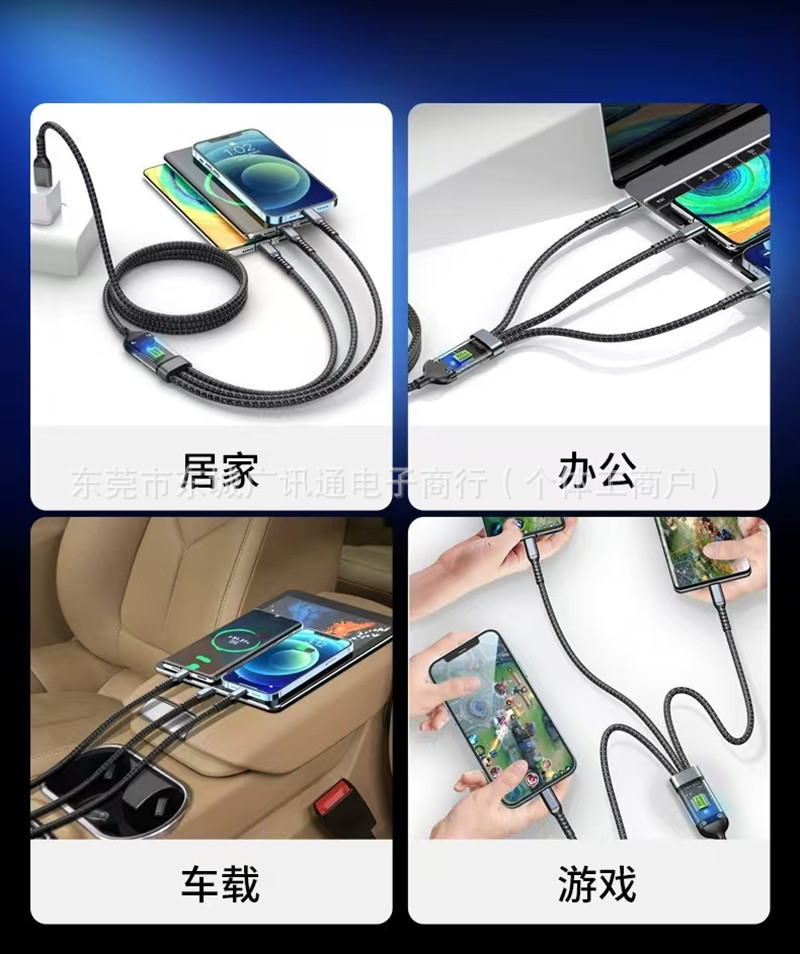 Dijital ekranlı üçü bir arada veri kablosu 100W şeffaf orta boy kart, Android, Apple, Type-C için uygun, süper hızlı şarj