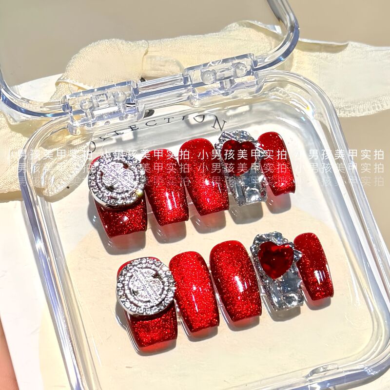 【Lucky Beads】Fortune-Attracting New Year Red Cat Eye Nail Art for Boys, Handmade Wearable Nails with Removable Patches