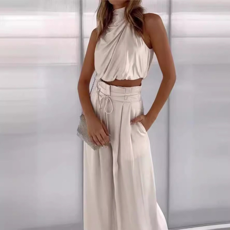 2024 New Cross-border E-commerce Women's Two-piece suit Summer Casual Sleeveless Collar Cropped Top Wide-leg Pants