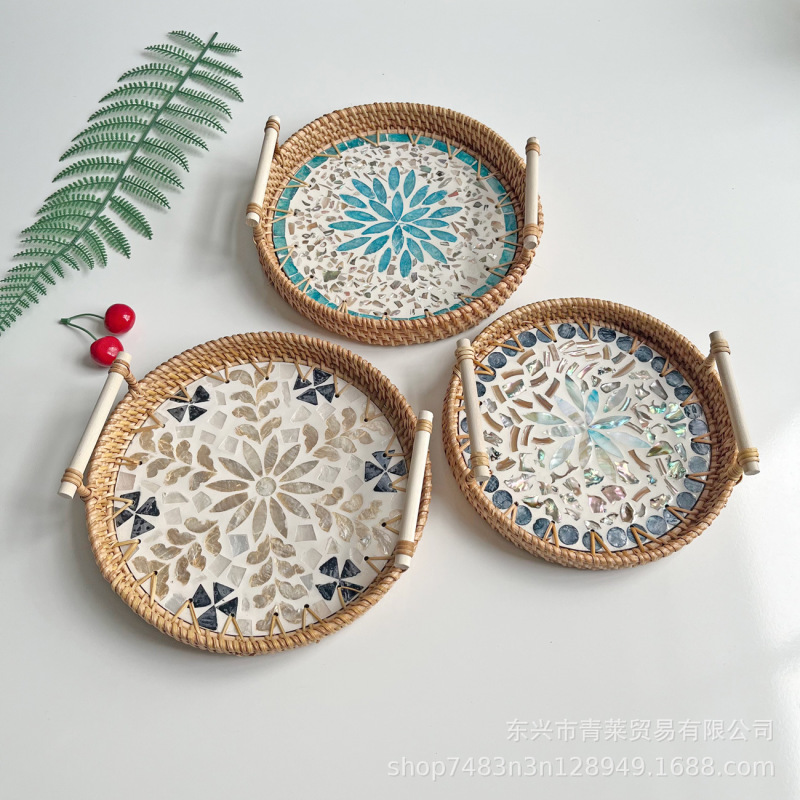 Colorful Shell Handle Fruit Basket Handmade Rattan Woven Bread Basket Coffee Steamed Bun Basket Living Room Home Desktop Tray Colorful Shell Handle Fruit Basket Handmade Rattan Woven Bread Basket Coffee Steamed Bun Basket Living Room Home Desktop Tray