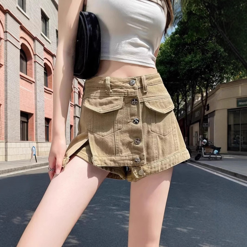 Summer Denim Short Skirt for Women, High-Waisted Culottes, Hot Girl Workwear, Anti-Exposure Khaki Brown Culottes, Short Pants for Small People