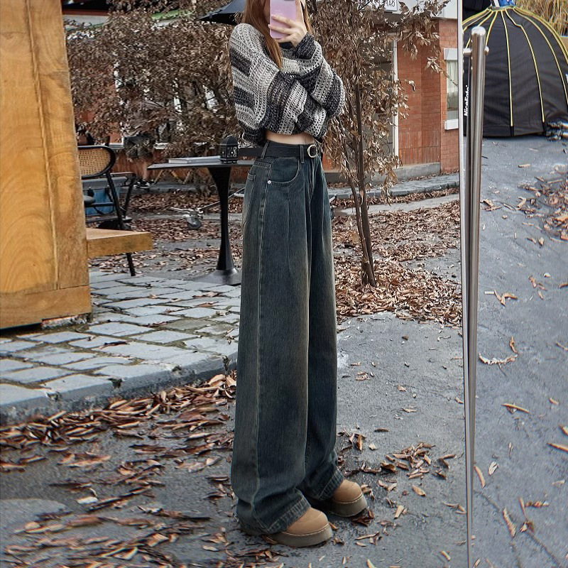 멀티 추천 기모 높은 허리 넓은 다리 청바지 여성의 2023 가을과 겨울 새로운 주름 디자인 느슨한