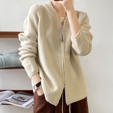 双拉链黄色毛衣开衫衣服女秋冬2025新款针织衫外套韩系慵懒风厚