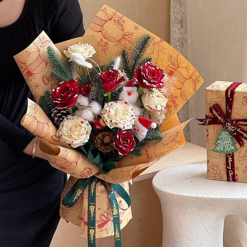 Huaxi Navidad kraft papel de embalaje de flores hecha a mano diy regalo de Nochebuena ramo de flores florista papel de embalaje de flores