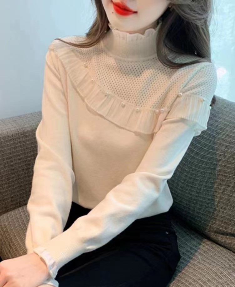 2023秋季新款韩版半高领荷叶边钉珠设计感洋气百搭木耳边长袖上衣