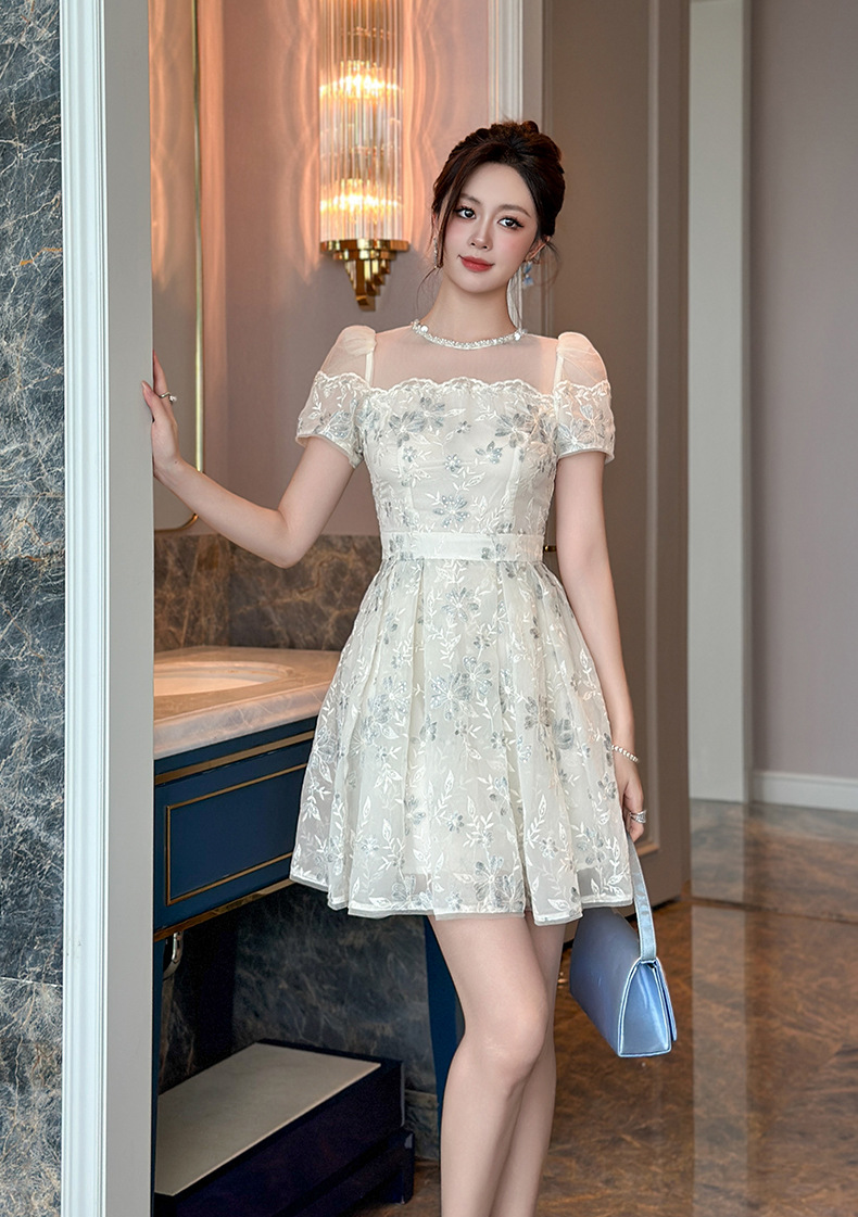 Váy đầm nữ cổ tròn phối lưới ren thêu sequin thắt eo — mơ chi tiết 5