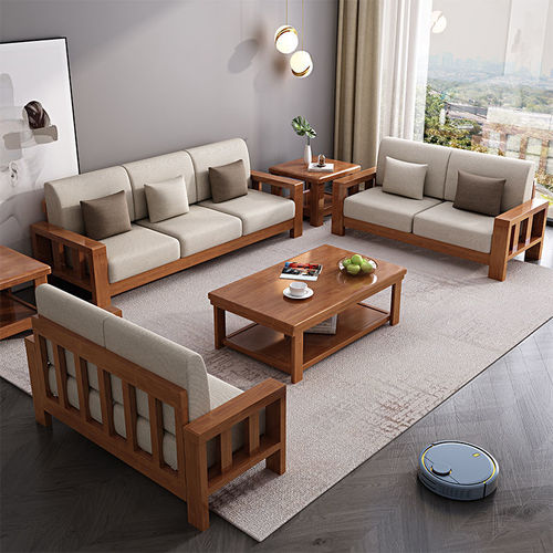 Chinese-style solid wood modern minimalist sofa set for rental apartments, small-sized living room sofa, queen-size corner fabric sofa
