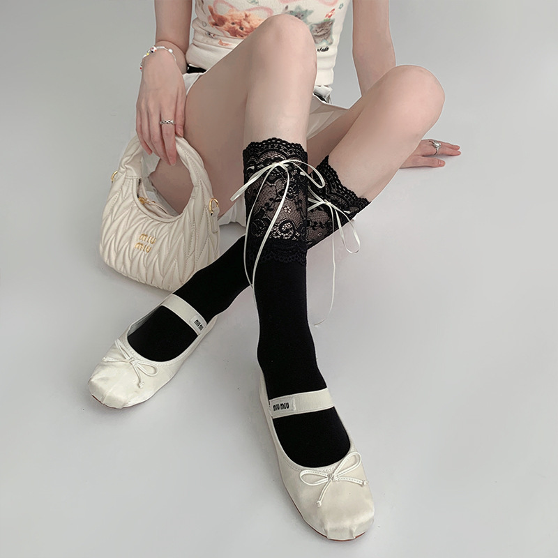 バレエ風少女春夏リボン蝶結び中筒靴下レースミルク白甜妹スタッキングソックス|undefined
