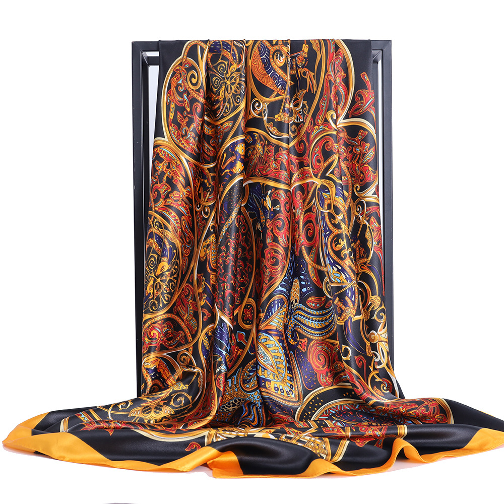 跨境新款丝巾一件代发 90*90cm大方巾缎面色丁印花丝巾抖音同款