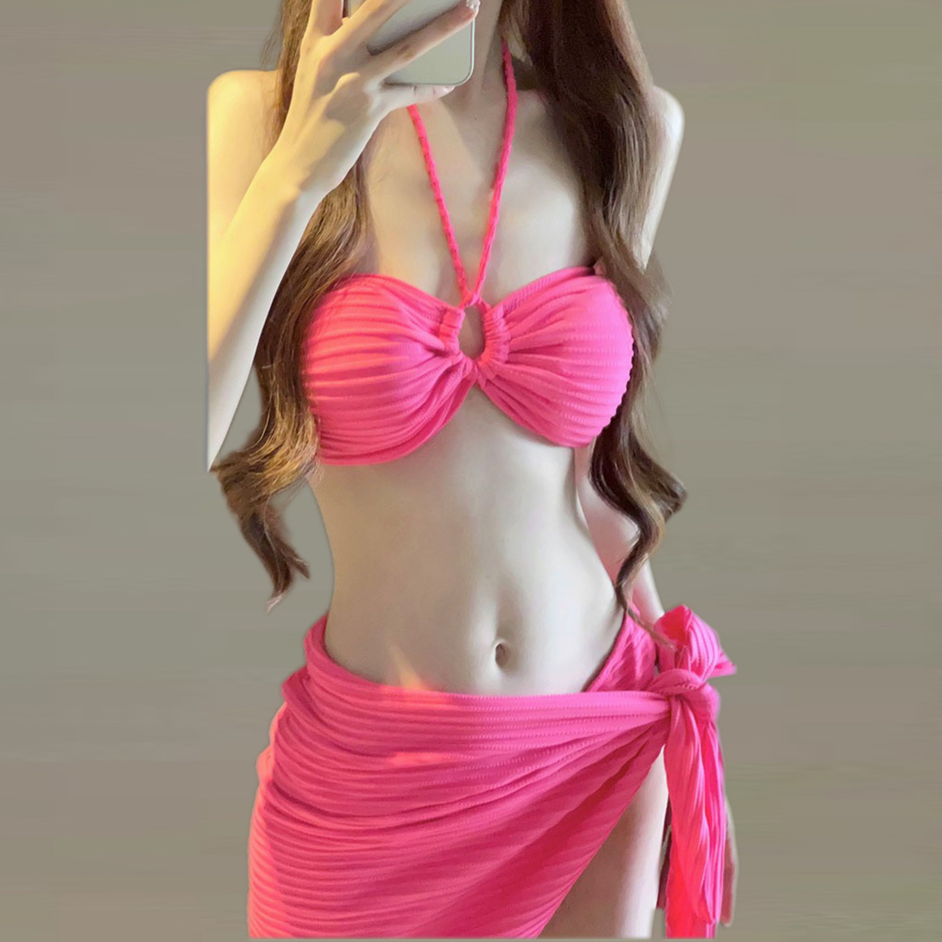 Bikini Three-Piece Set Beach Vacation Triangle Sexy High-End White-Enhancing Rose Red Hot Spring Swimsuit For Women_voghion.com