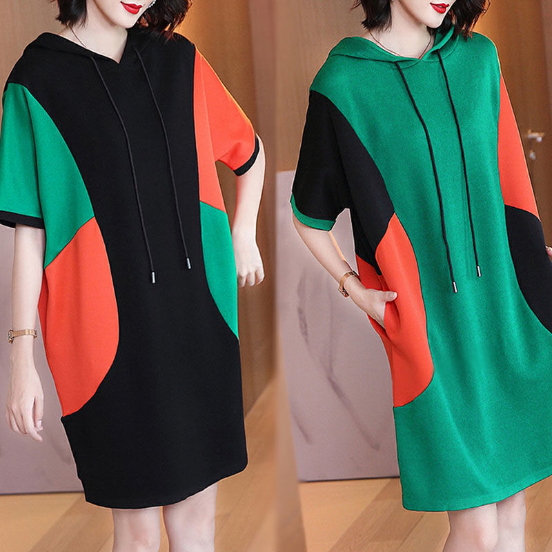 2023 New Vintage Hooded Dress Summer Korean Style New Loose Belly Covering Age-reducing Mid-length Stitching Dress