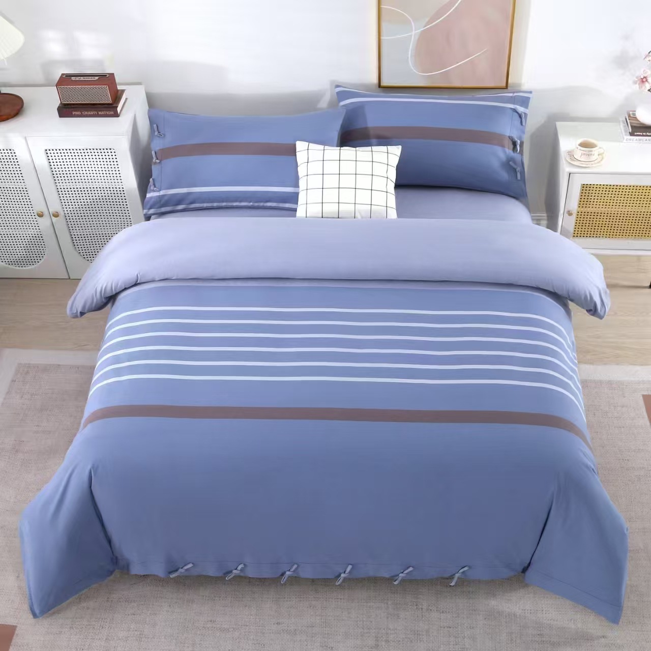 精梳全棉老粗布四件套床上用品家用民宿纯棉条纹被套双人床单枕套