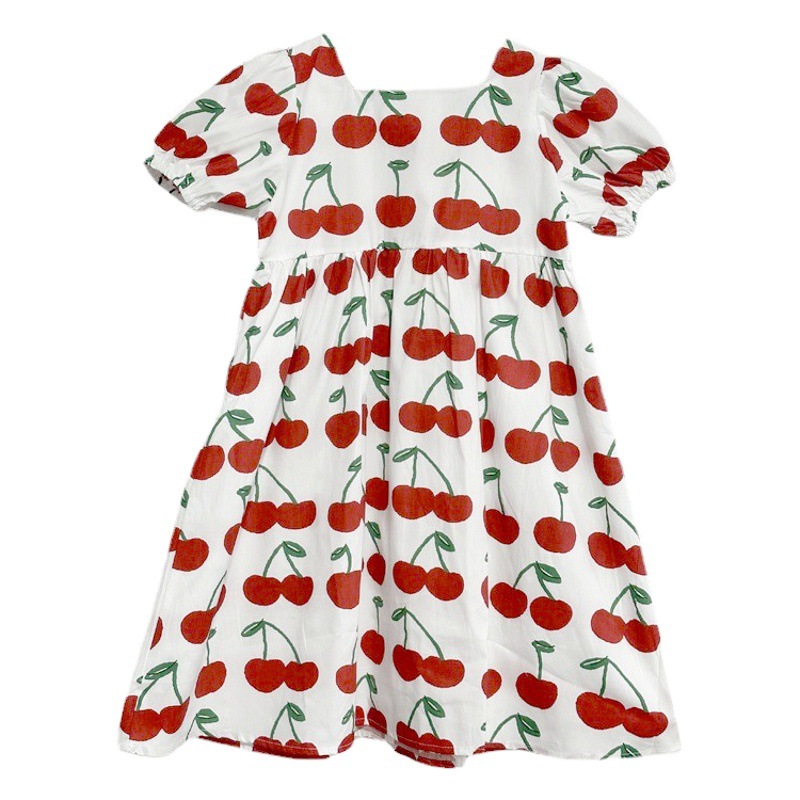 Vestido de estilo coreano para niñas, verano 2024, nuevo vestido fino y moderno de algodón puro con estampado floral de cerezas para niñas mayores