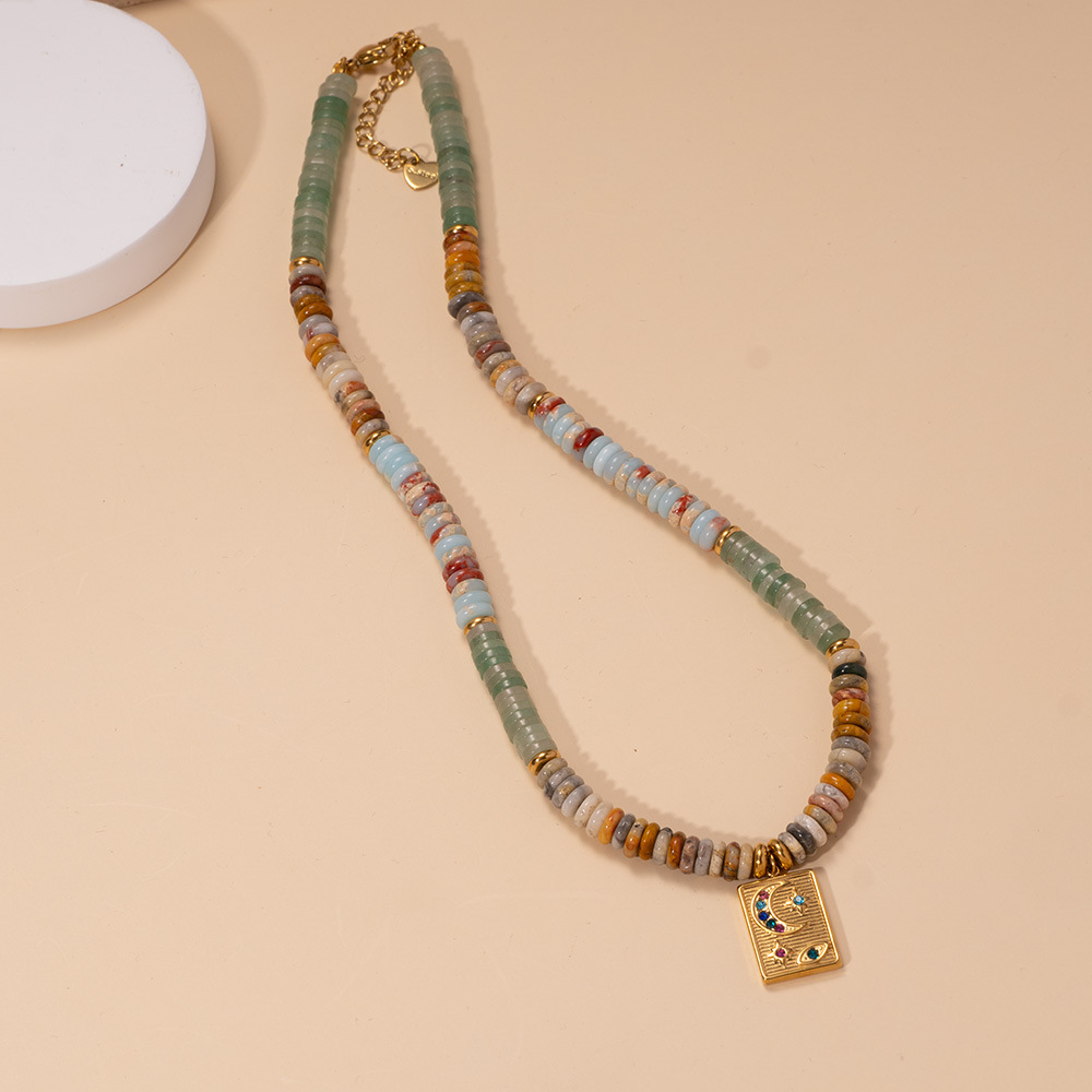 Necklace Classification Natural Stone Chain Material Vacation Classic Style Square Natural Stone Titanium Steel Beaded Chain Necklace In Bulk