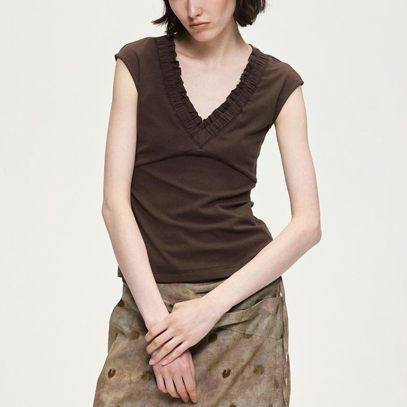 Acose V-Neck Pleated Design 1/ 4inch Sleeveless Slim-Fit Knit T-Shirt Tank Top