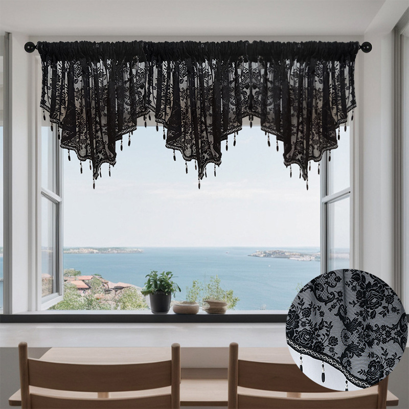 Foreign Trade Finished Curtain Gauze Curtain Lace Black Scandinavian Style Cross-Border Hot Selling Kitchen Door Curtain Decorative Small Curtain