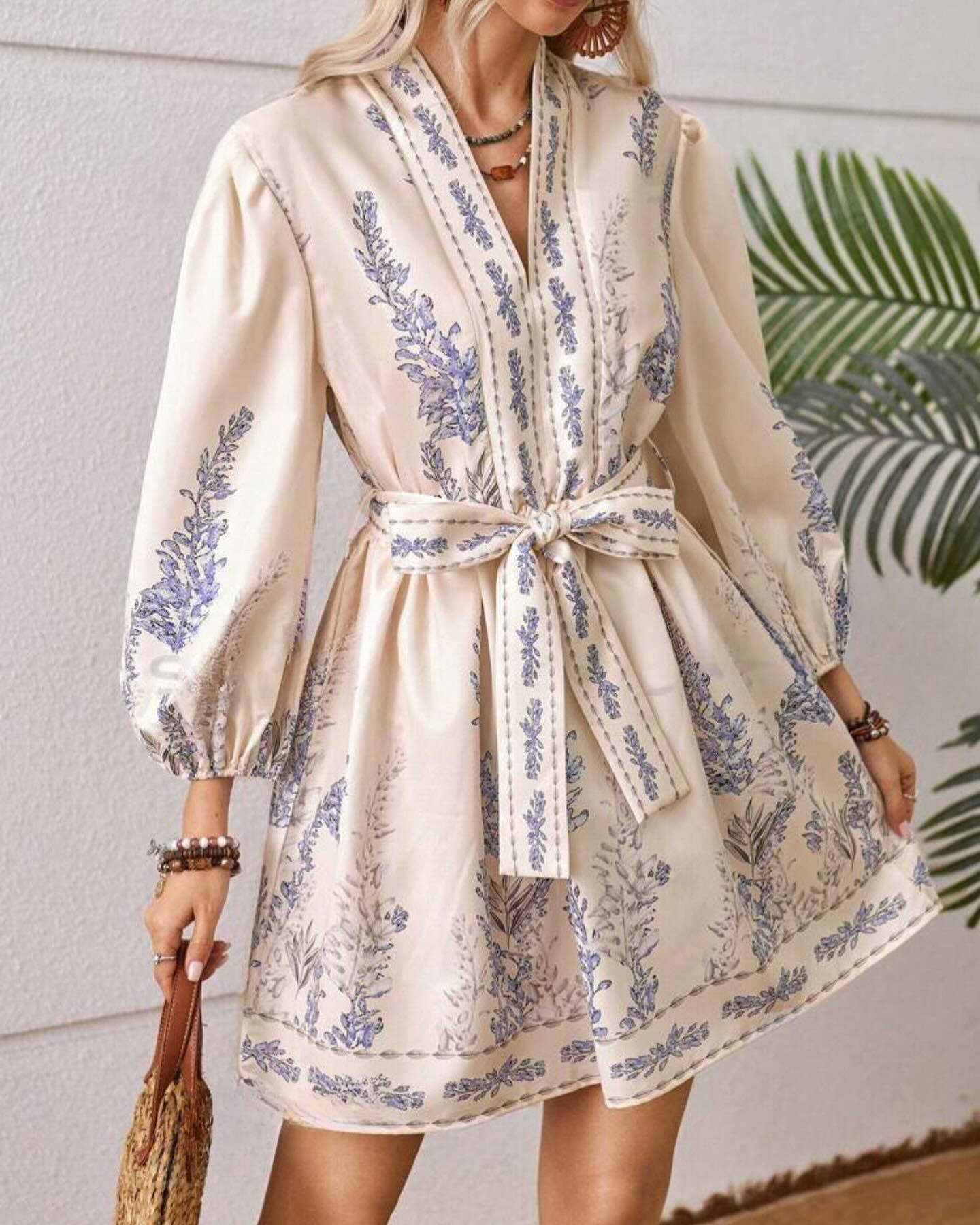 Cross-border European And American 2025 Spring New Women's Fashion V-neck Long-sleeve Bohemian Printed Dress_ecoleips.com
