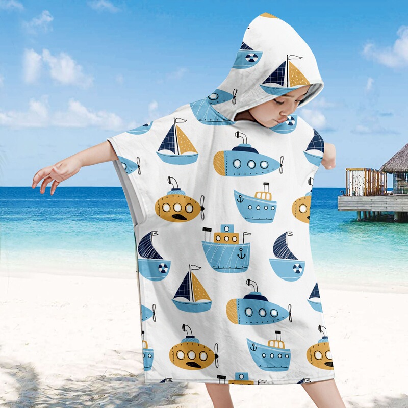 Ocean-Themed Children's Beach Hooded Cape, Beach Changing Towel, Swimwear, Printed Custom Bath Towel, Bathrobe