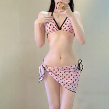 泡温泉泳衣女2024三件套小胸聚拢挂脖印花比基尼遮肚显瘦裹裙泳装