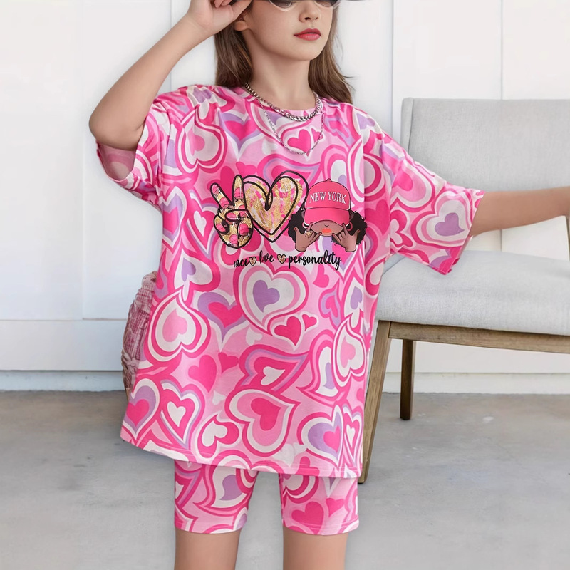 Cross-border Foreign Trade INS Girls Love Pattern Full Printing Tie-dye Printing Short-sleeved Casual Summer suit Suitable for 1-8 Years Old Cross-border Foreign Trade INS Girls Love Pattern Full Printing Tie-dye Printing Short-sleeved Casual Summer suit Suitable for 1-8 Years Old