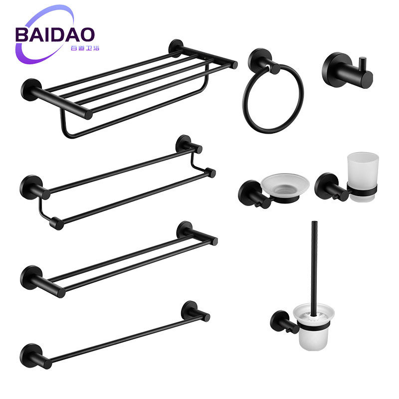Black no-drill 304 stainless steel bathroom five-piece set modern minimalist towel rack bath towel rack storage rack hotel Black no-drill 304 stainless steel bathroom five-piece set modern minimalist towel rack bath towel rack storage rack hotel