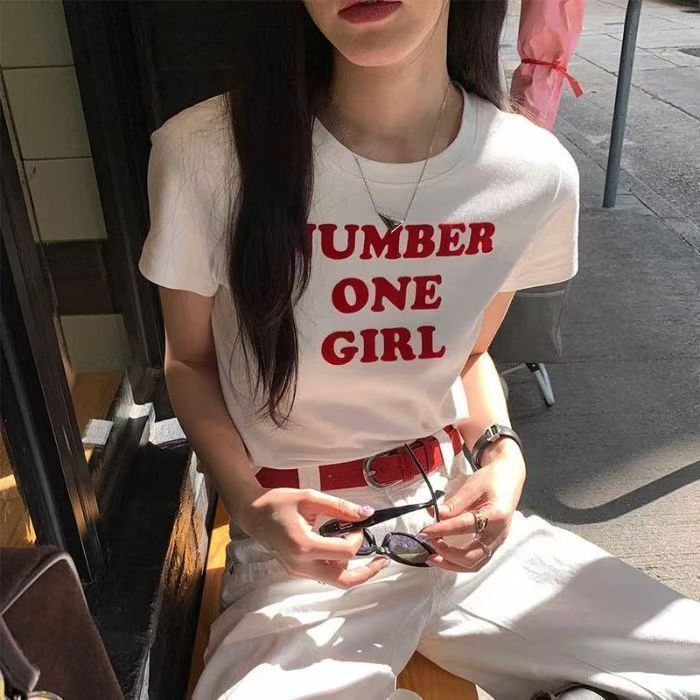 Rosie Head Girl Letter Printed Short-Sleeved T-Shirt Women's Round Neck Right Shoulder Slim Slim Trendy American Sexy Top