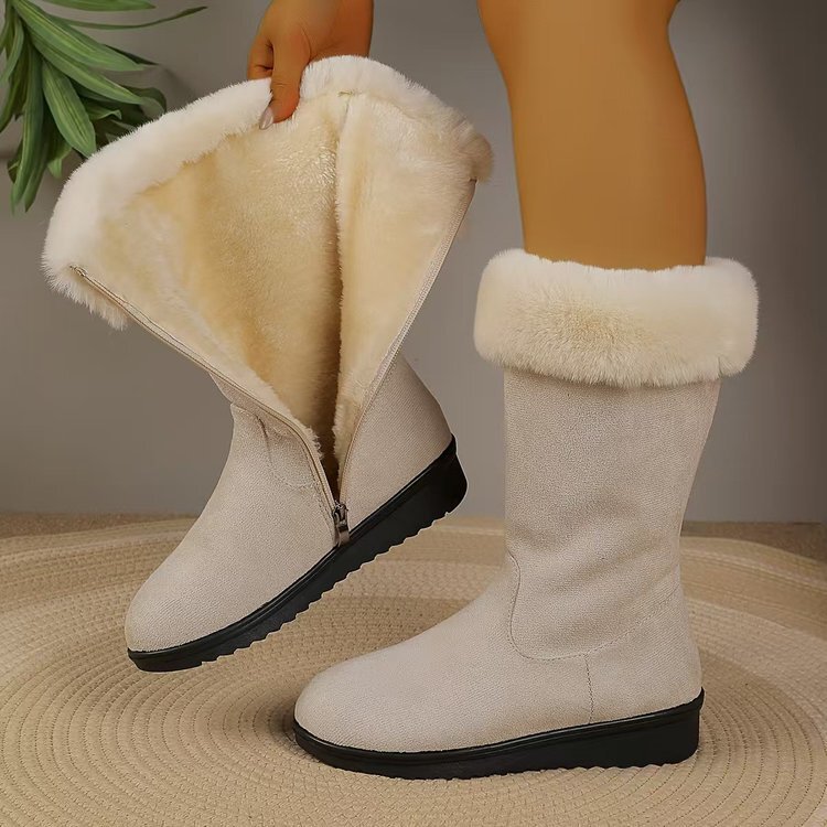 Winter Versatile Snow Boots for Women, Fleece-Lined and Thickened Mid-Calf Martin Boots with Wedge Heels, Non-Slip, Warm, Side Zipper Cotton Boots