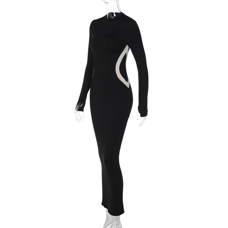 Women's Slim Fit Long Sleeve Round Neck Dress In Solid Colour_voghion.com