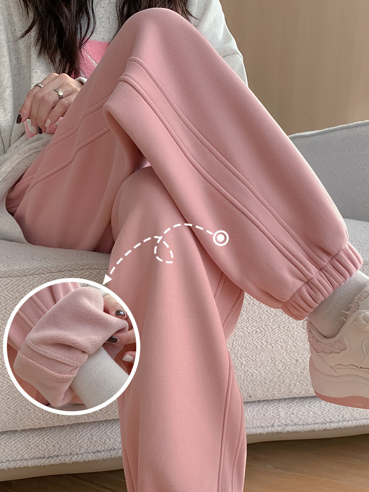 ピンクの裏起毛スウェットパンツ レディース フリースパンツ 秋冬 2025年新作 アウター用 綿パンツ フリース素材 フリース裾デザイン
