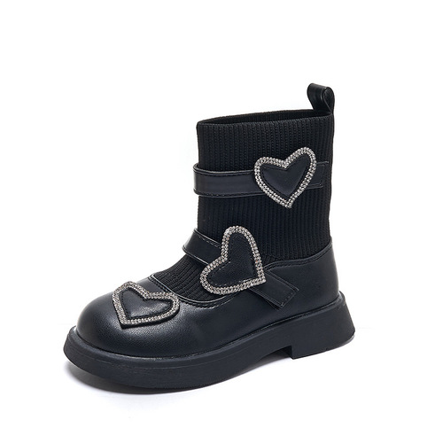 Girls' short boots  autumn and winter new children's socks boots black Martin boots children's boots knitted non-slip soft sole shoes