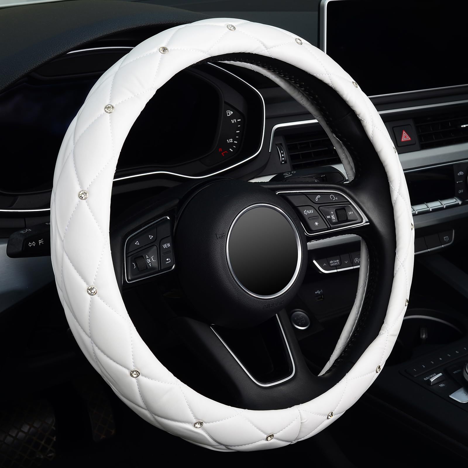 Factory Direct Sales Amazon Car Diamond-Studded Steering Wheel Cover, Universal for All Seasons, Soft Leather Anti-Slip Rhinestone Handle Cover