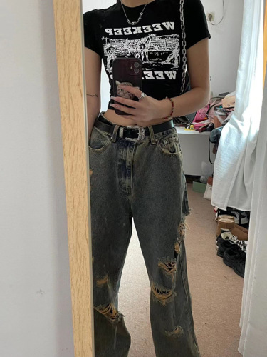 High-Waisted Distressed Denim Pants for Women, Loose Fit, Wide Leg, Inspired by Street Style and Chinese Trends—Perfect for Summer, Available via Drop Shipping