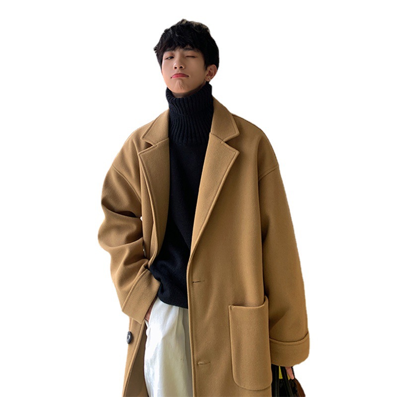 Otoño e invierno Nuevo abrigo de lana de los hombres de moda suelta de media longitud gabardina coreana casual de color caqui abrigo de lana de moda